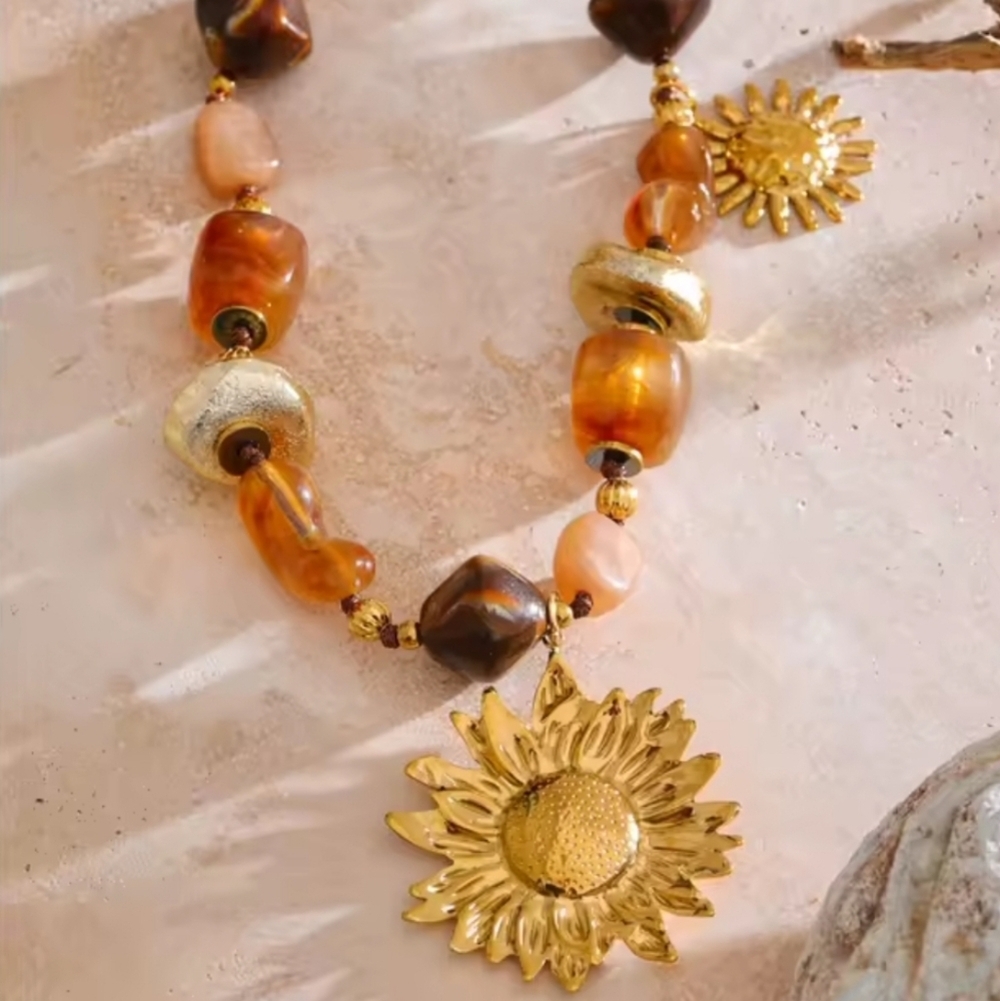 Anthropologie Sunflower Pendant Beaded Statement Necklace | NWOT